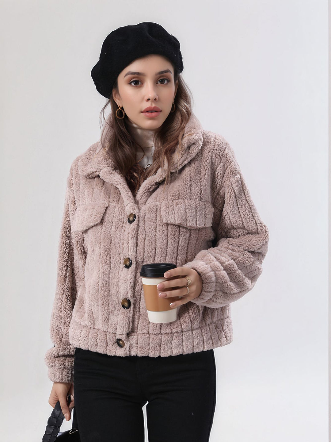 Beige Full Sleeve Buttoned Textured Jacket