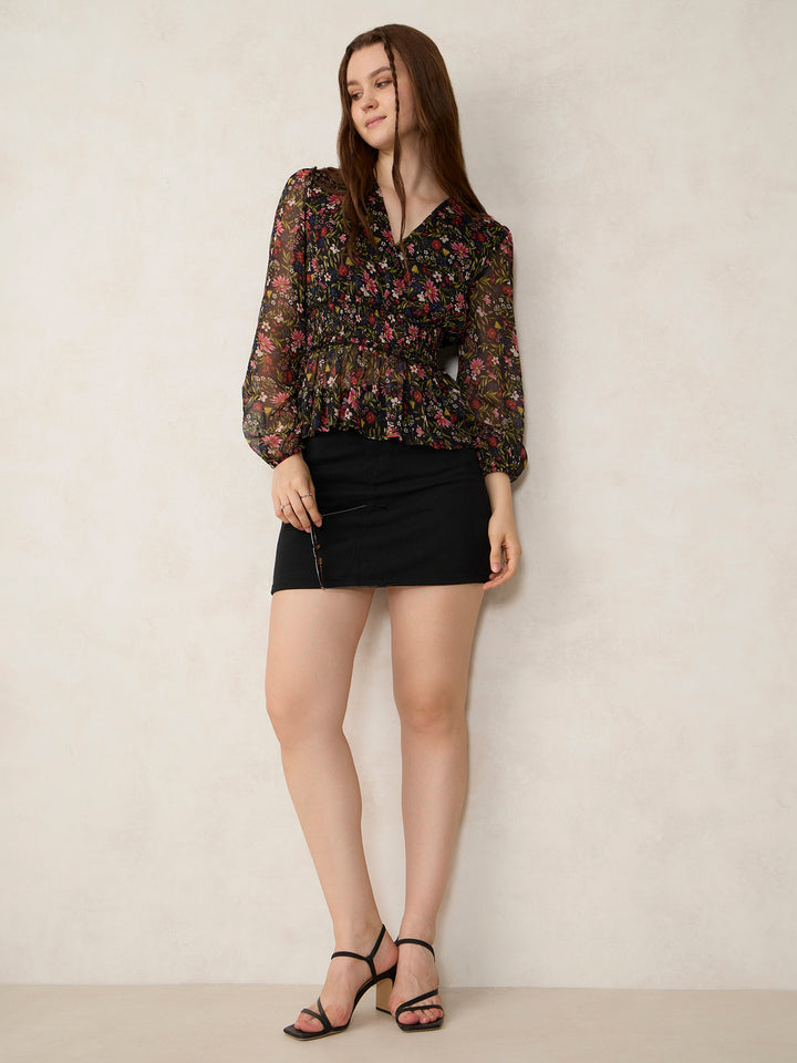 Black Printed Peplum Top
