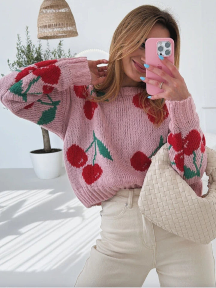 Pink Full Sleeves Printed Relaxed Sweaters