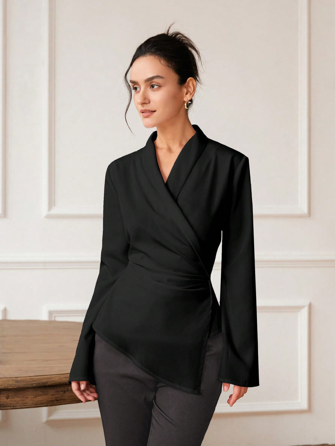 Black Bell Sleeve Wrapped Detail Top
