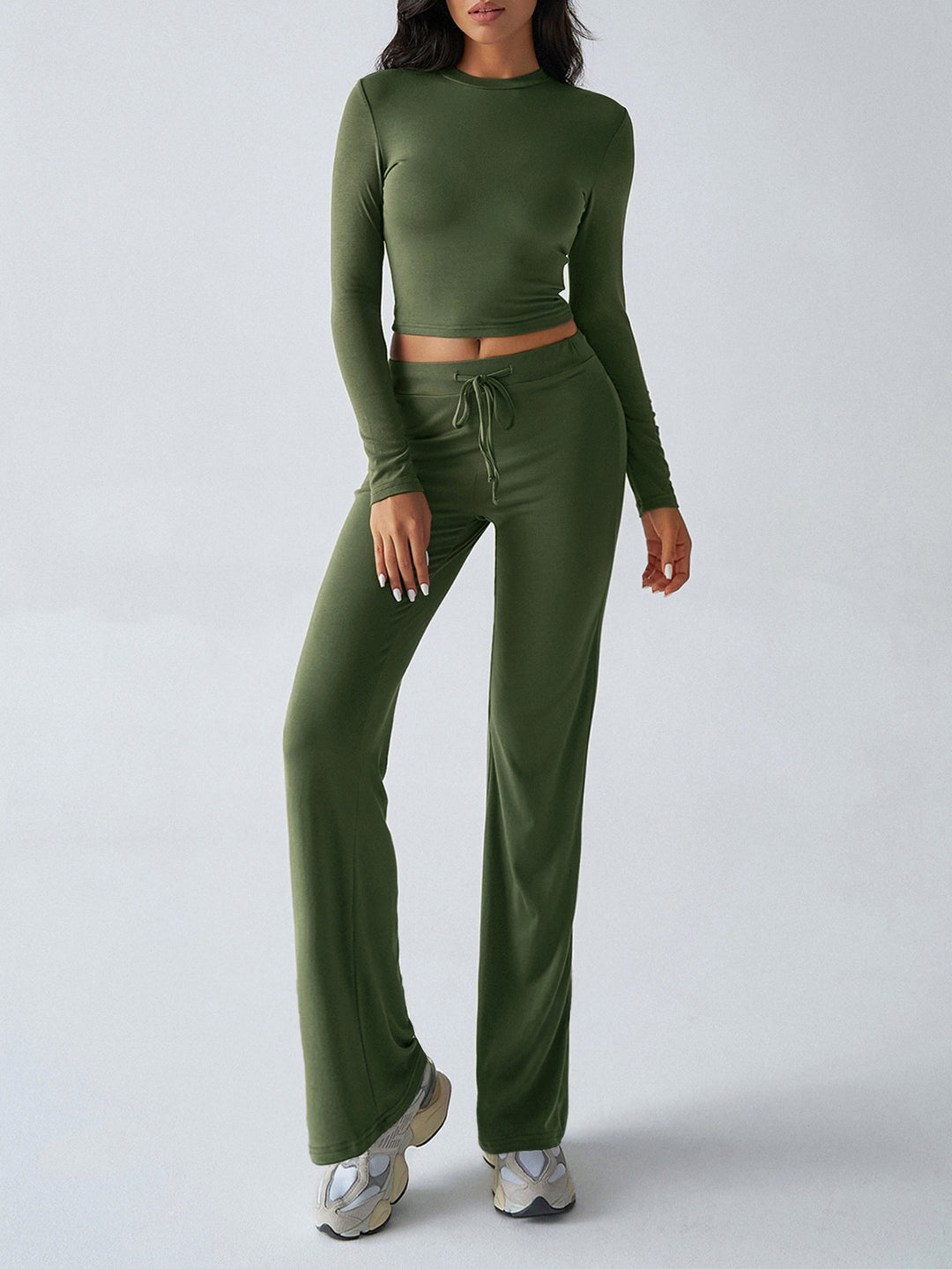 Olive Solid Fitted Top And Pant Co-Ord Set