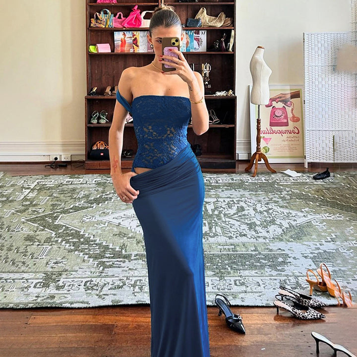 Blue Fitted Lace  With Gathered Dress