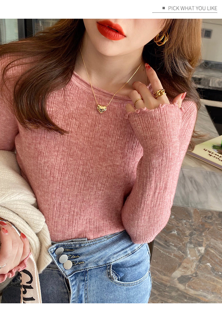 Pink Full Sleeve Scallop Hem Mock Neck Fitted Top