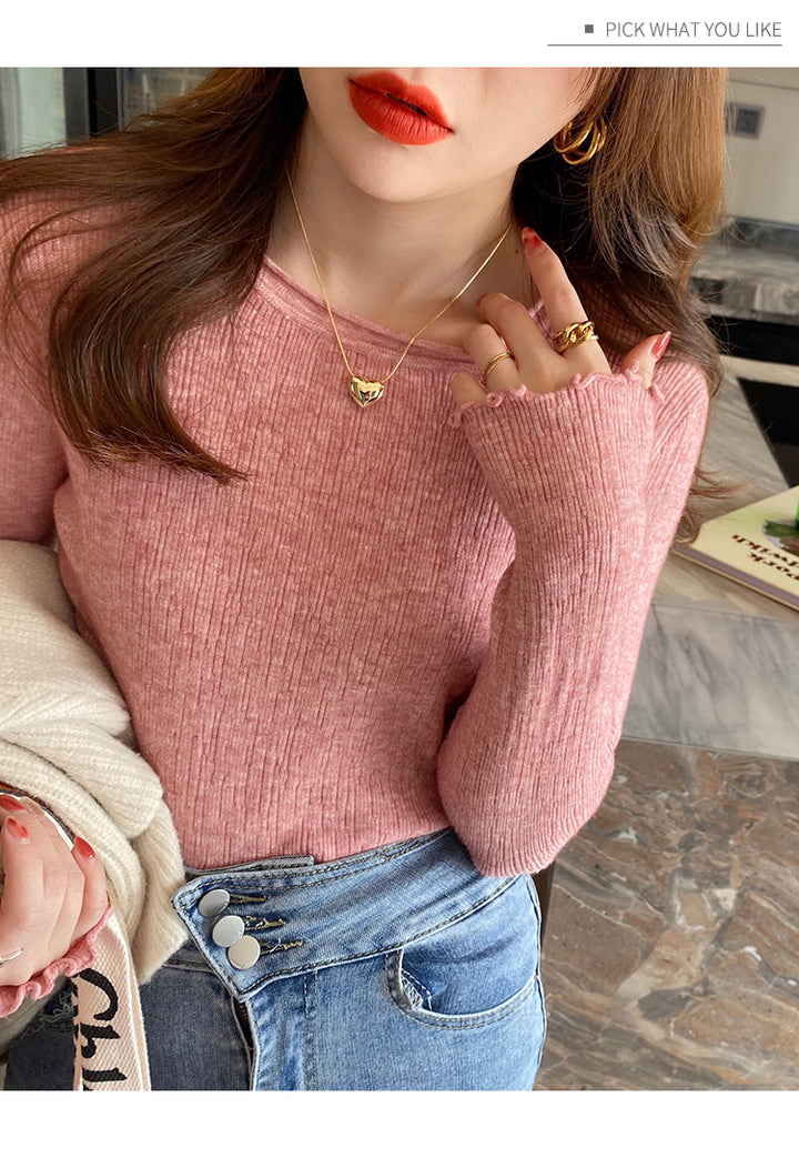 Pink Full Sleeve Scallop Hem Mock Neck Fitted Top