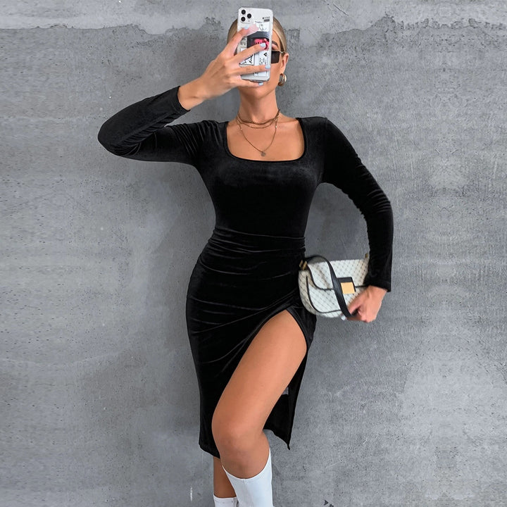 Black Full Sleeved Square Neck Bodycon Dress
