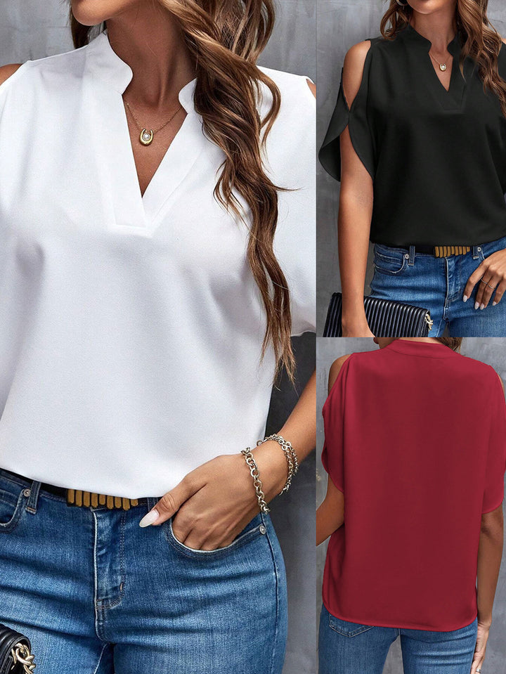 White Mandarin Collar Cold Shoulder Top