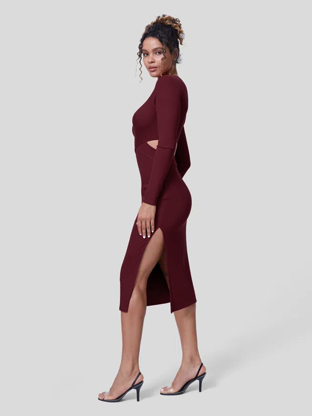 Wine Key Hole Dress With Side Slit