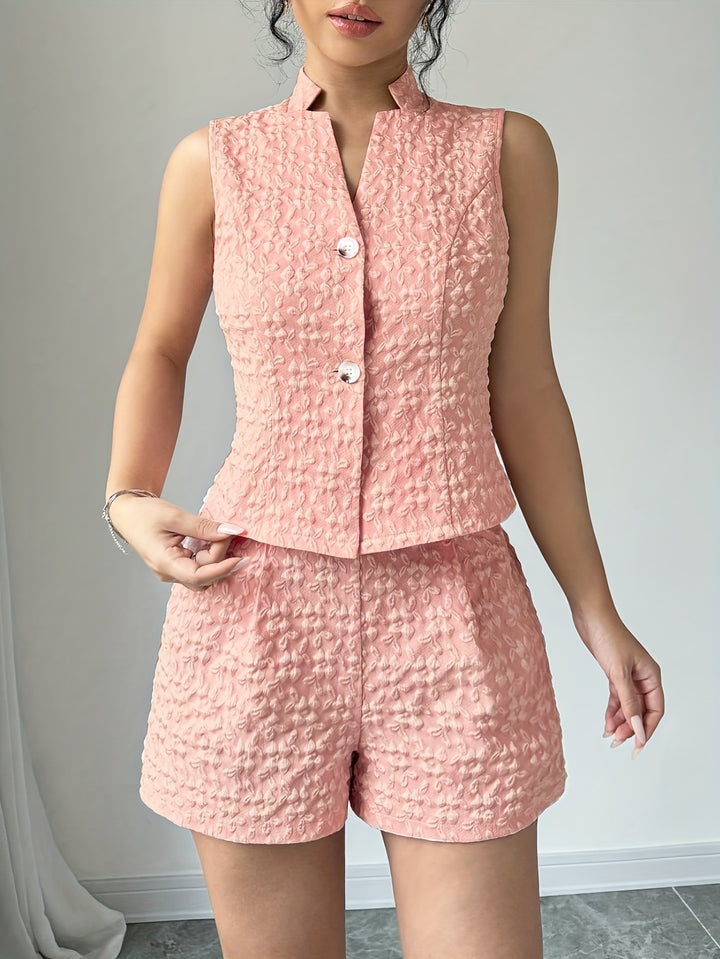 Pink Button Down Blazer Top And Shorts
