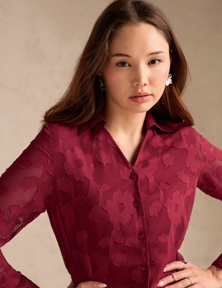Red Regular Fit Long Sleeves Shirt In Jacquard Fabric