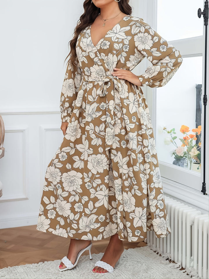 Brown Full Sleeve V Neck Slit Dress