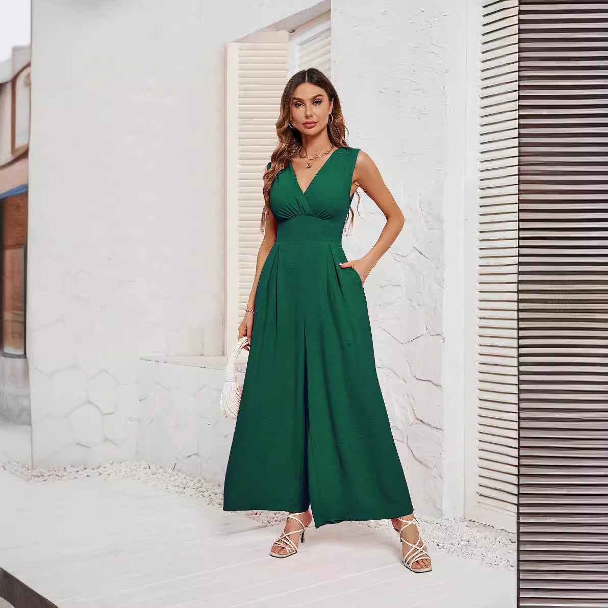 Green Wrap Neck Sleeveless Jumpsuit