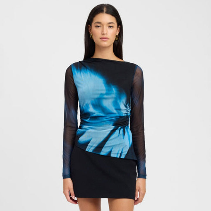 Black Abstract Print Mesh Fitted Top