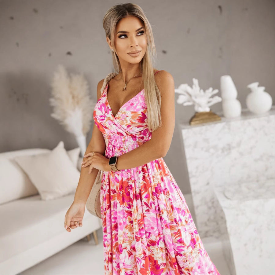 Pink Printed Wrap Neck Maxi