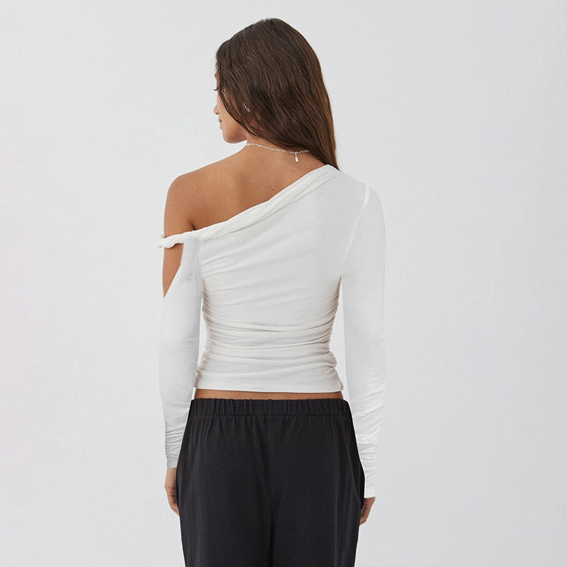 White One Shoulder Full Sleeves Fitted Top
