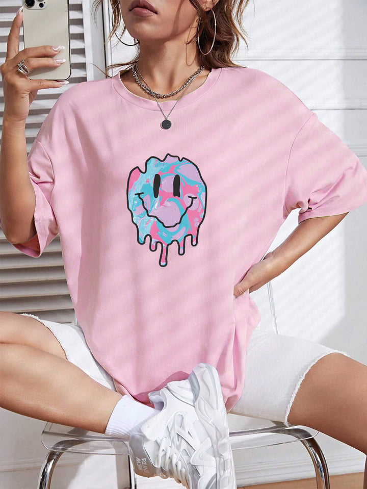 Pink Smiley Chest Print Graphic Tshirt