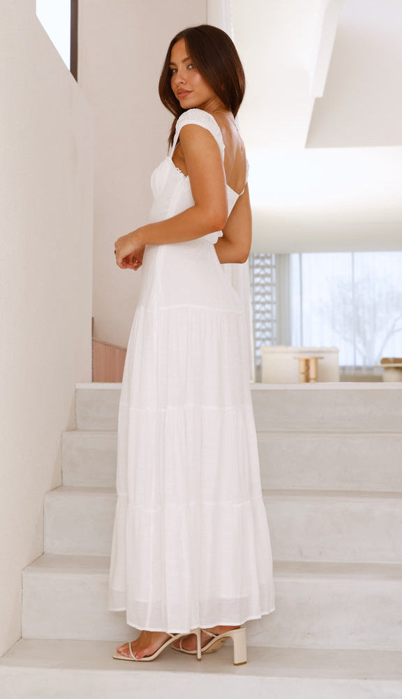 White Strappy Solid Tiered Dress