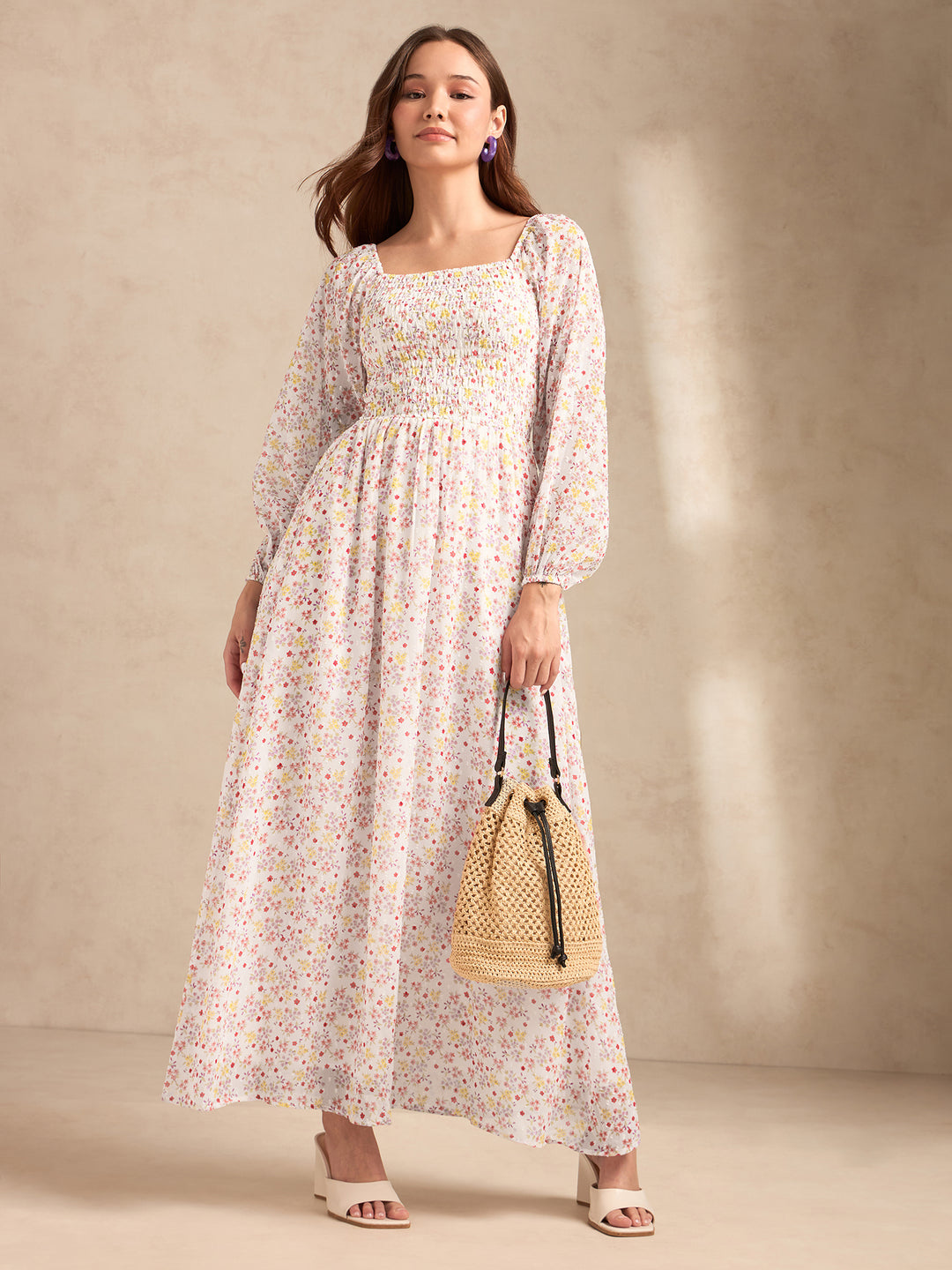 White Full Sleeves Printed Maxi Dress
