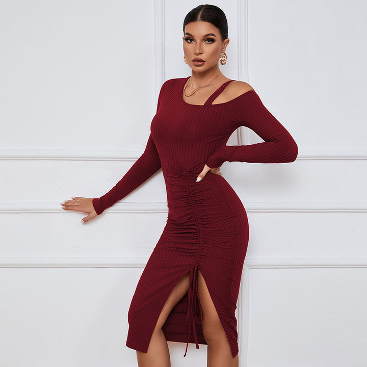 Wine Full Sleeve Cold Shoulder Front Ruched Dress
