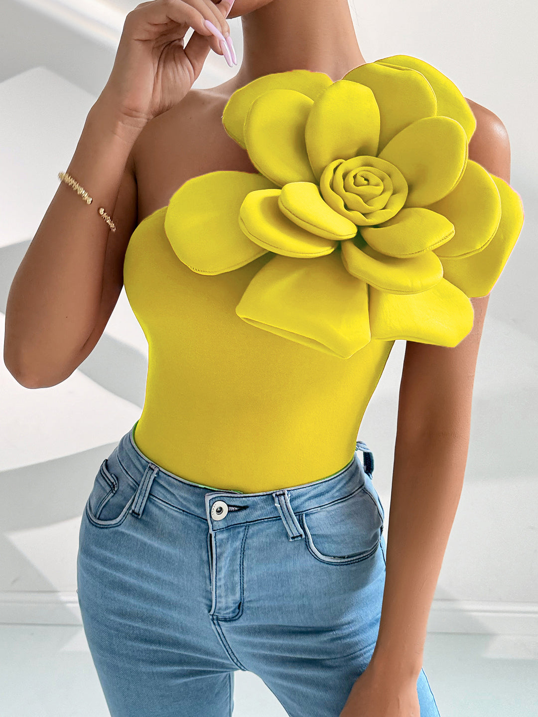 Yellow One Shoulder Flower Attached Top