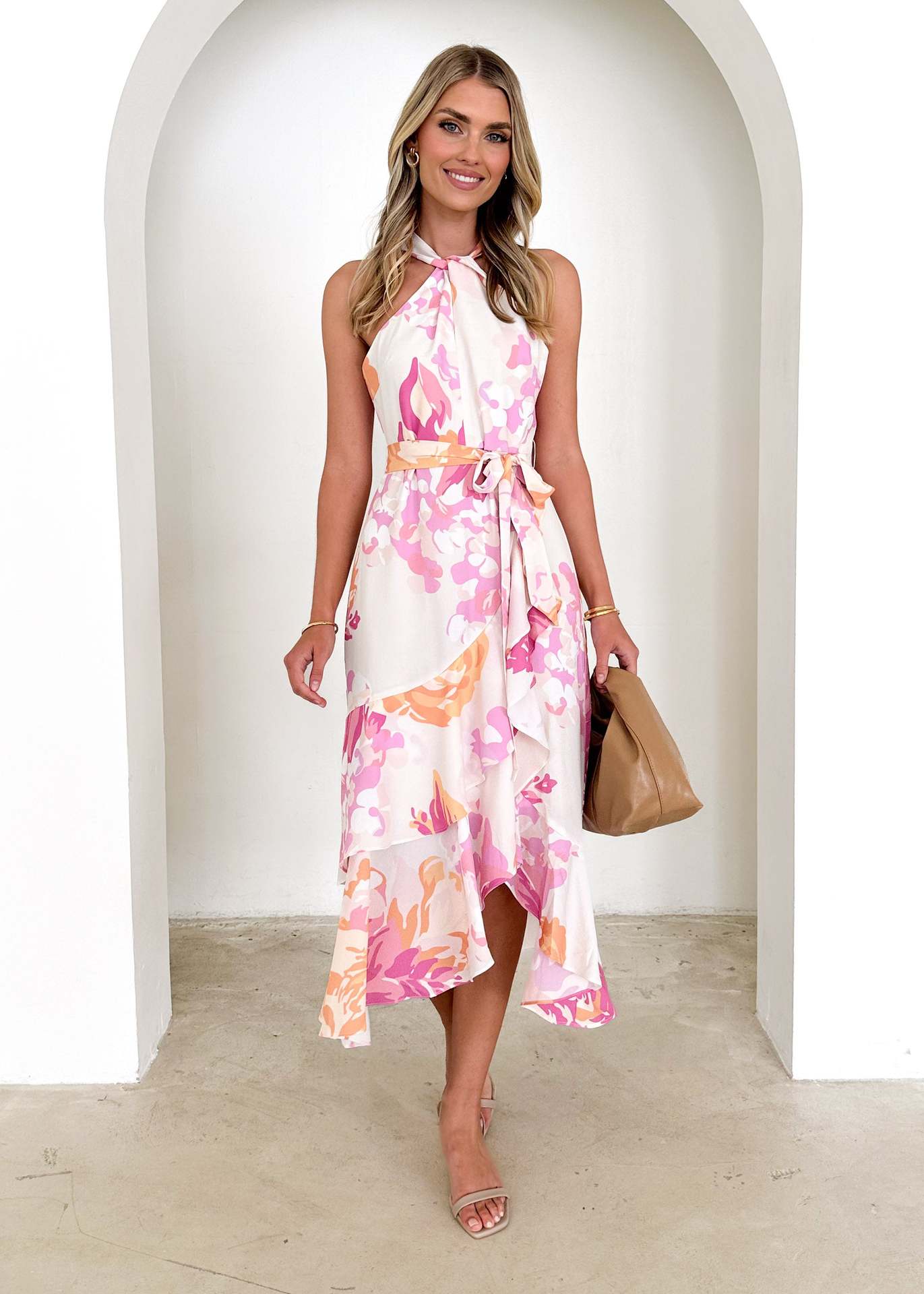Pink Printed Assymetric Midi Dress