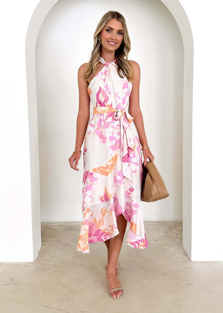 Pink Printed Assymetric Midi Dress