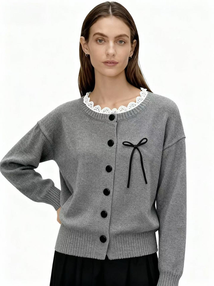 Grey Full Sleeve Front Buttoned Lace Trim Cardigan