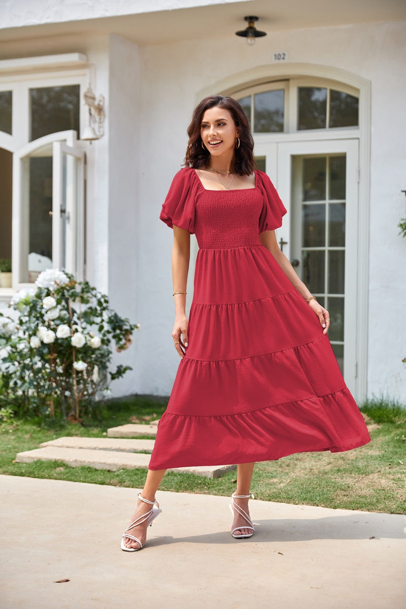 Red Square Neck Puff Sleeved Tiered Dress