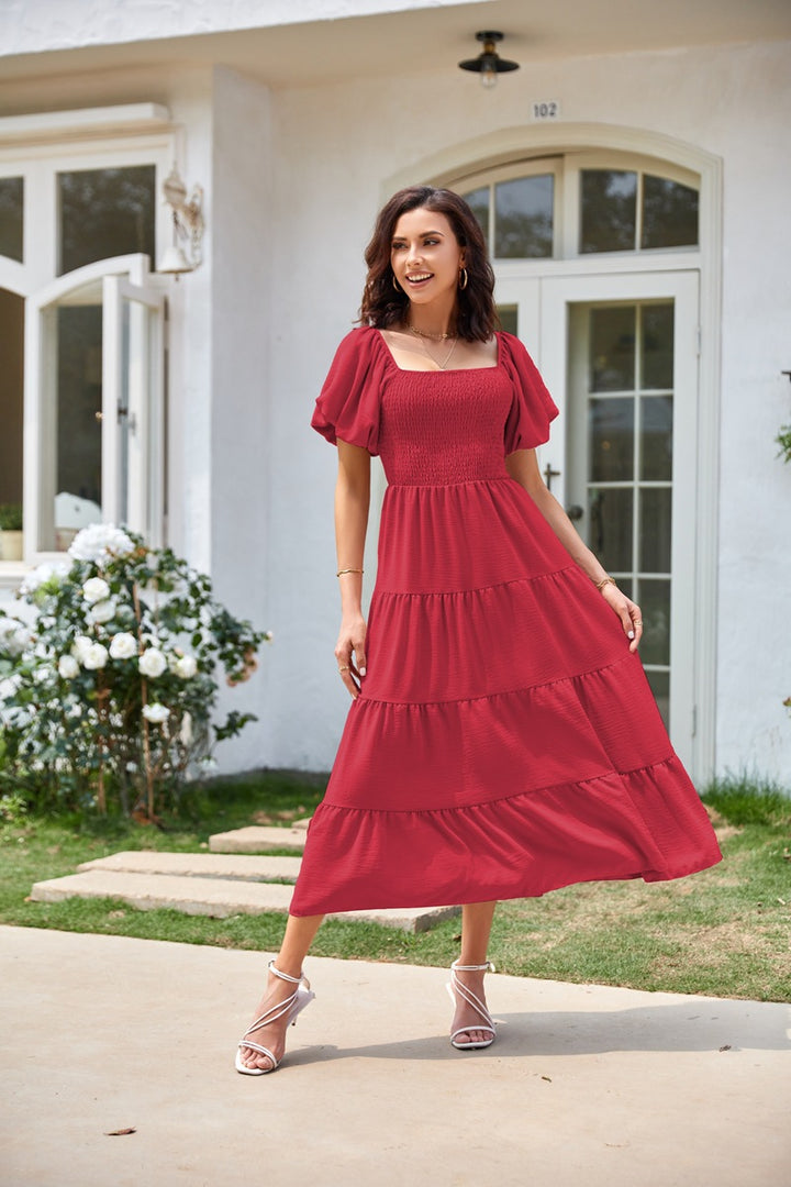 Red Square Neck Puff Sleeved Tiered Dress