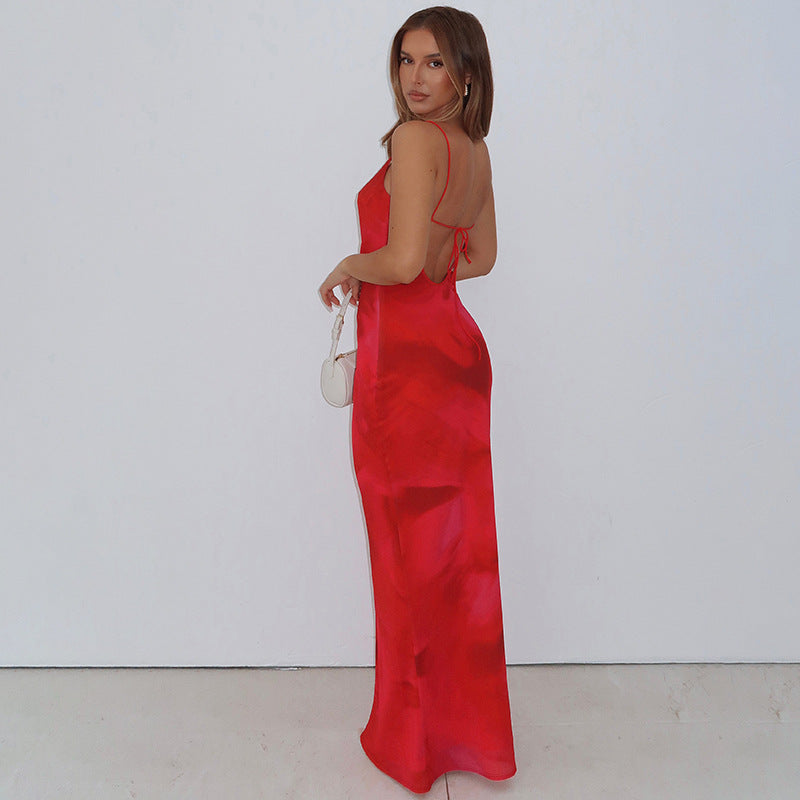Red Spaghetti Strap Printed Bodycon Maxi Dress
