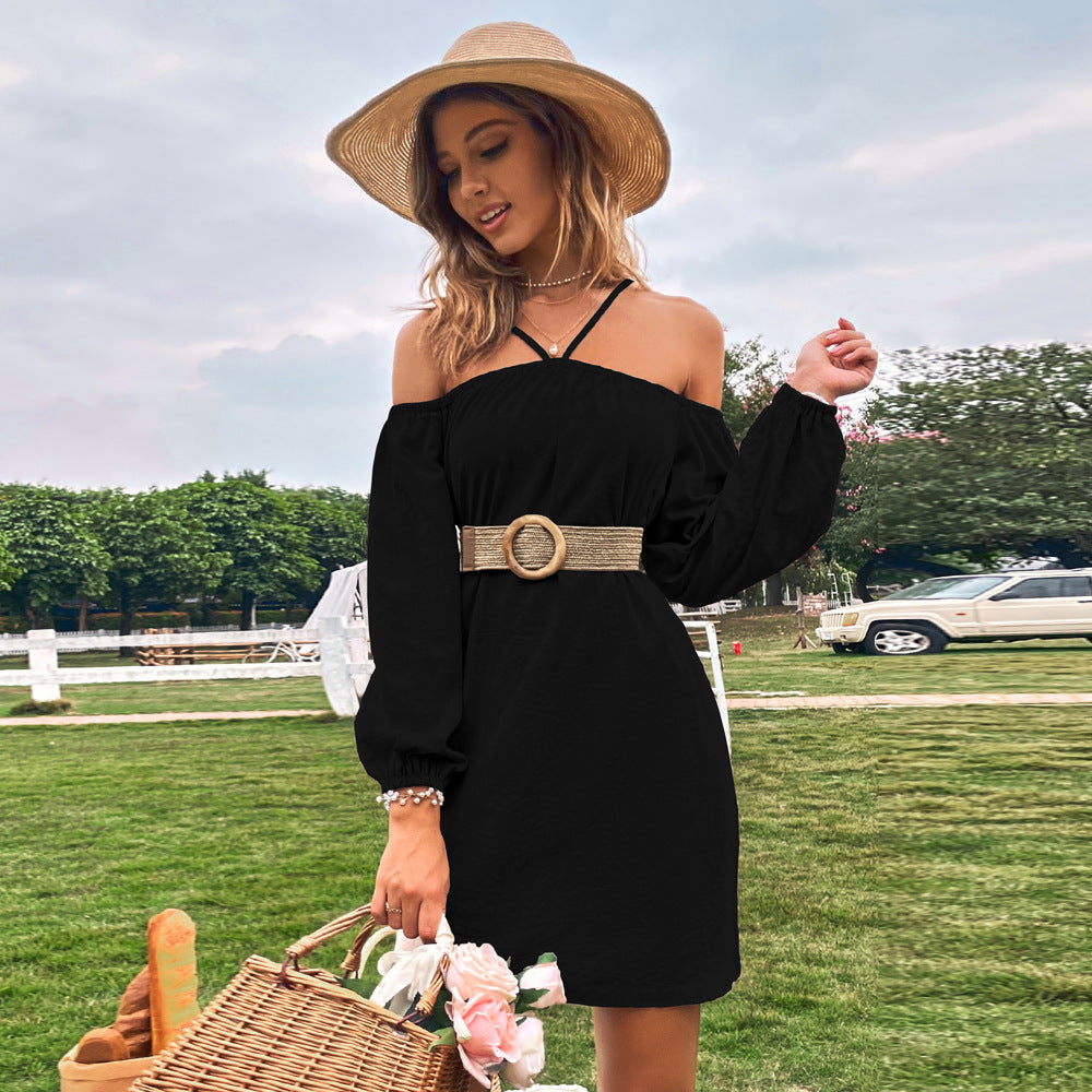 Black Cold Shoulder Bishop Sleeve Dress