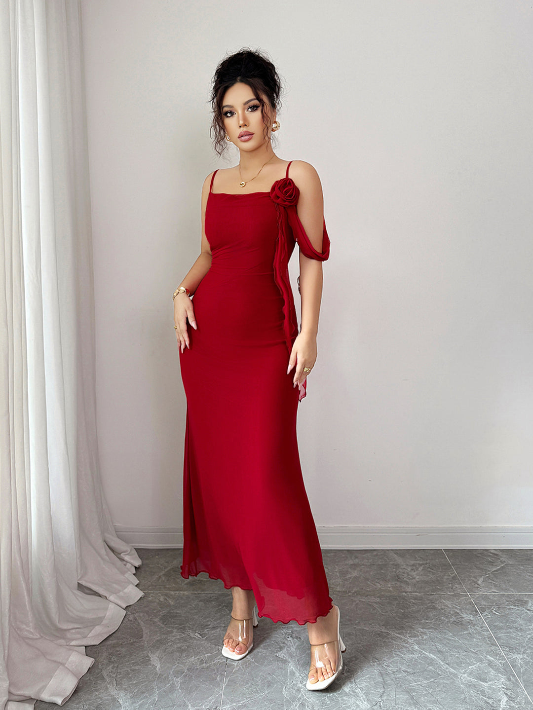 Red Spaghetti Strap Flower Detail Dress