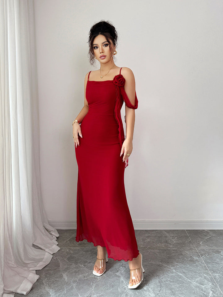 Red Spaghetti Strap Flower Detail Dress