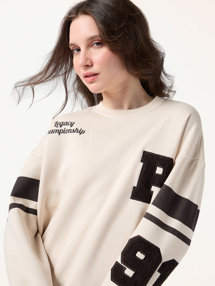 Cream Varsity Bold Applique Russian Fleece Sweatshirt