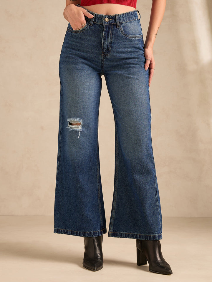 Blue Ribbed Straight Fit Jeans