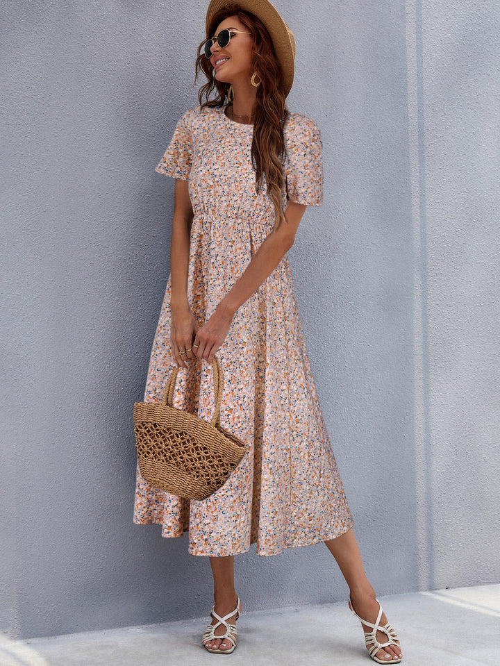 White Ditsy Print Waist Seam Fit And Flare Dress