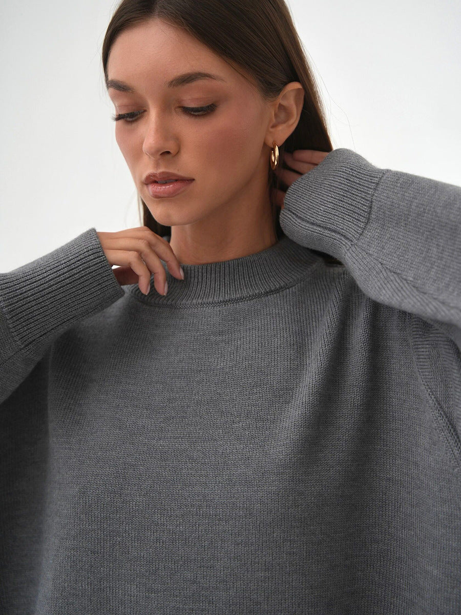 Grey Relaxed High Neck Solid Sweater
