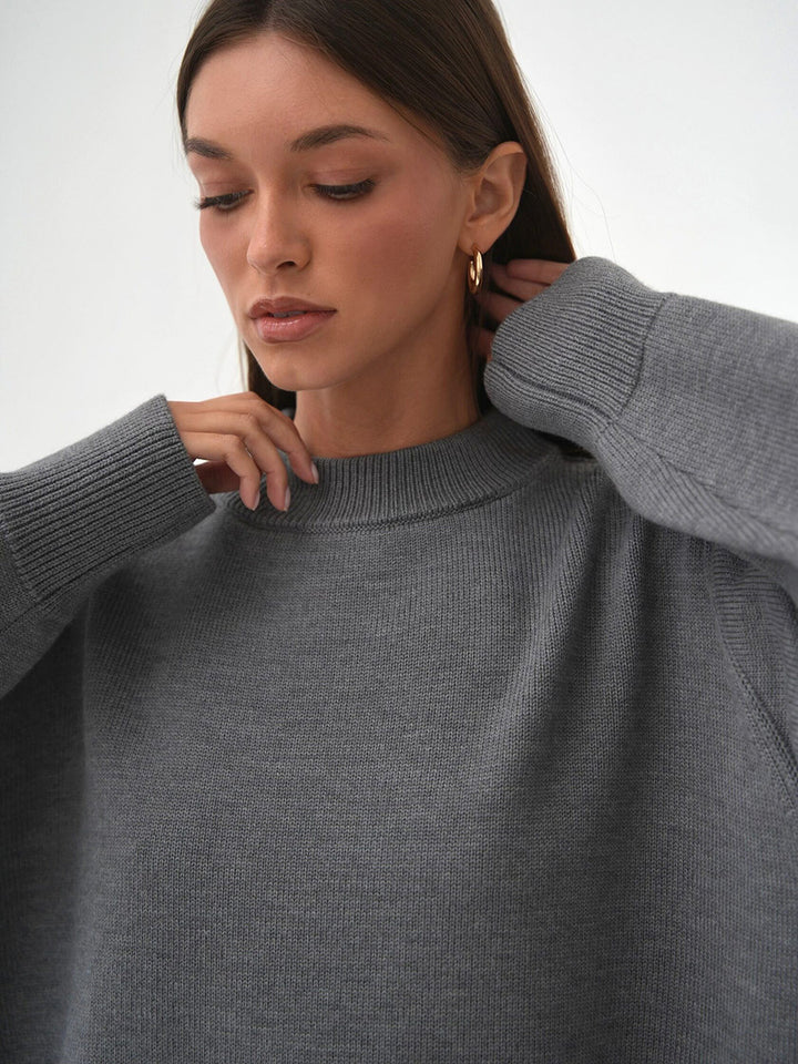 Grey Relaxed High Neck Solid Sweater