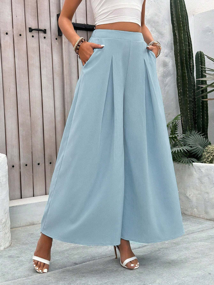 Blue Wide Leg Pleated Trouser