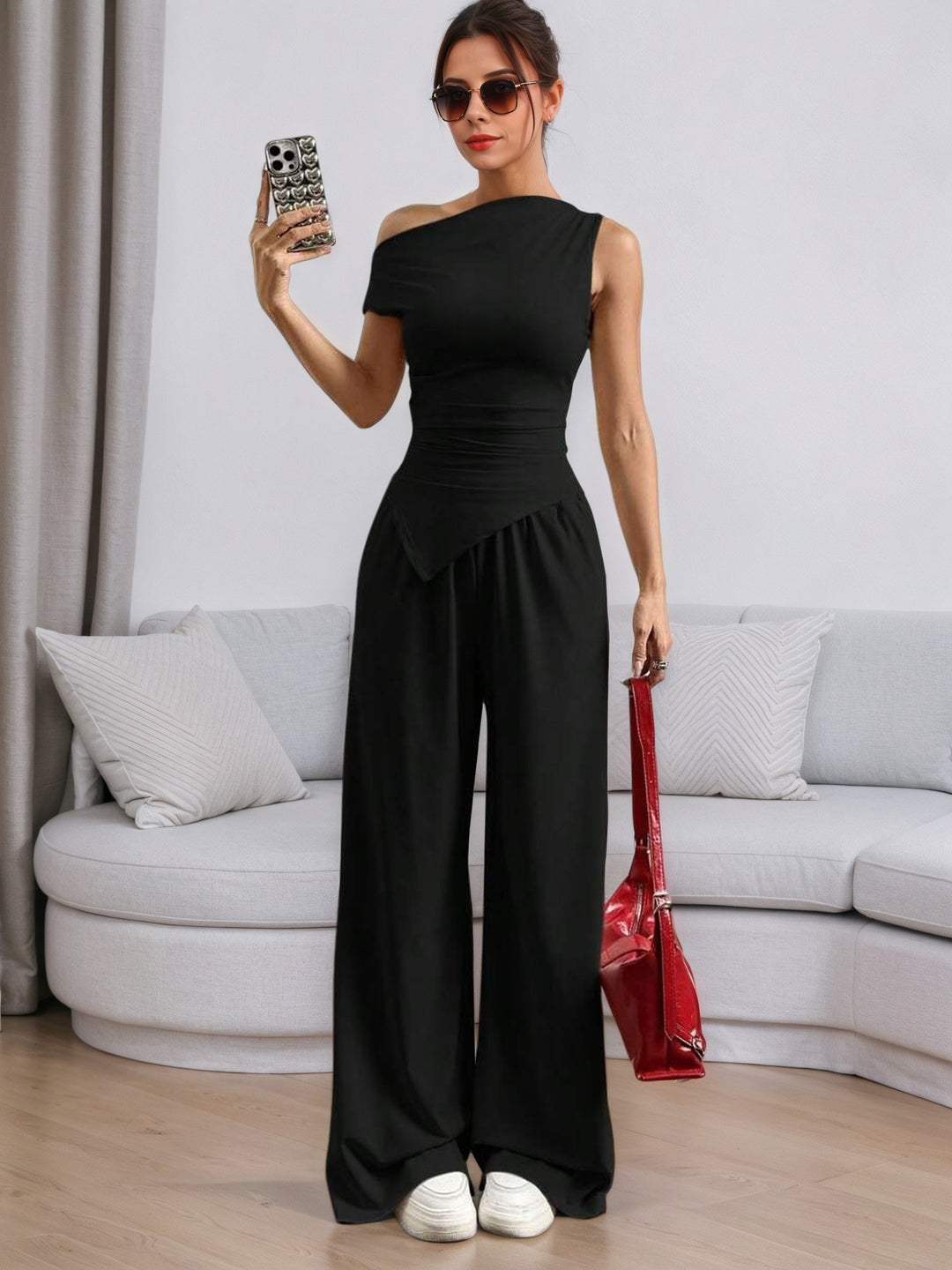 Black One Shoulder Sleeve Asymmetrical Top And Pant Set
