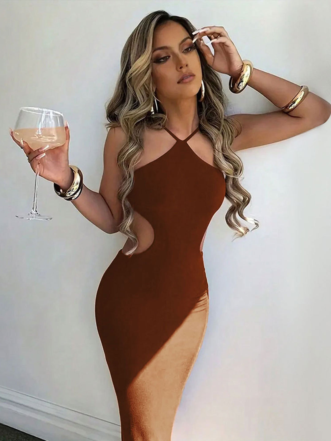 Brown Halter Neck Waist Detail Dress