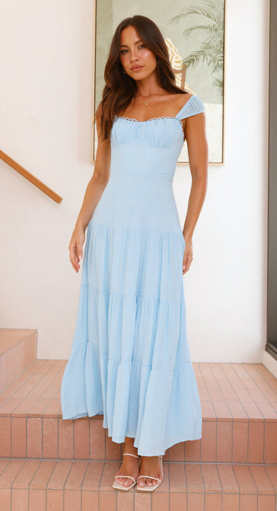 Blue Strappy Solid Tiered Dress