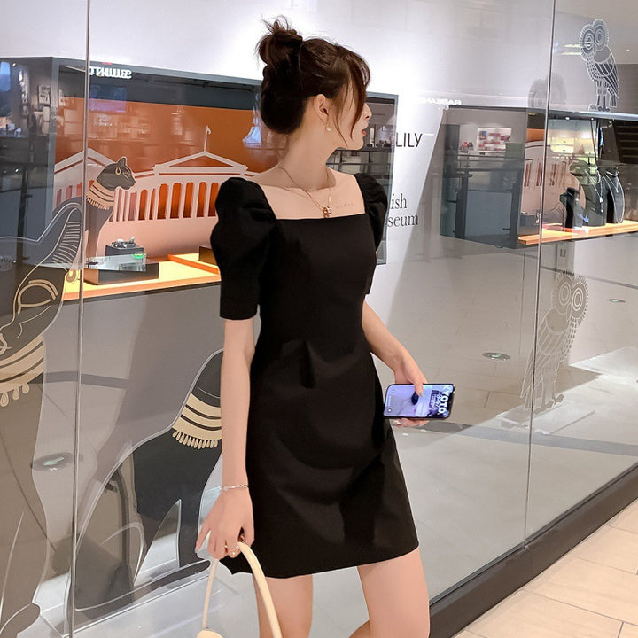 Black Square Neck Puff Sleeves Mini Dress