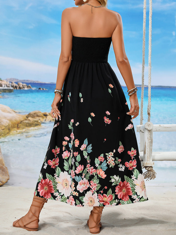 Black Strapless Floral Printed Dress