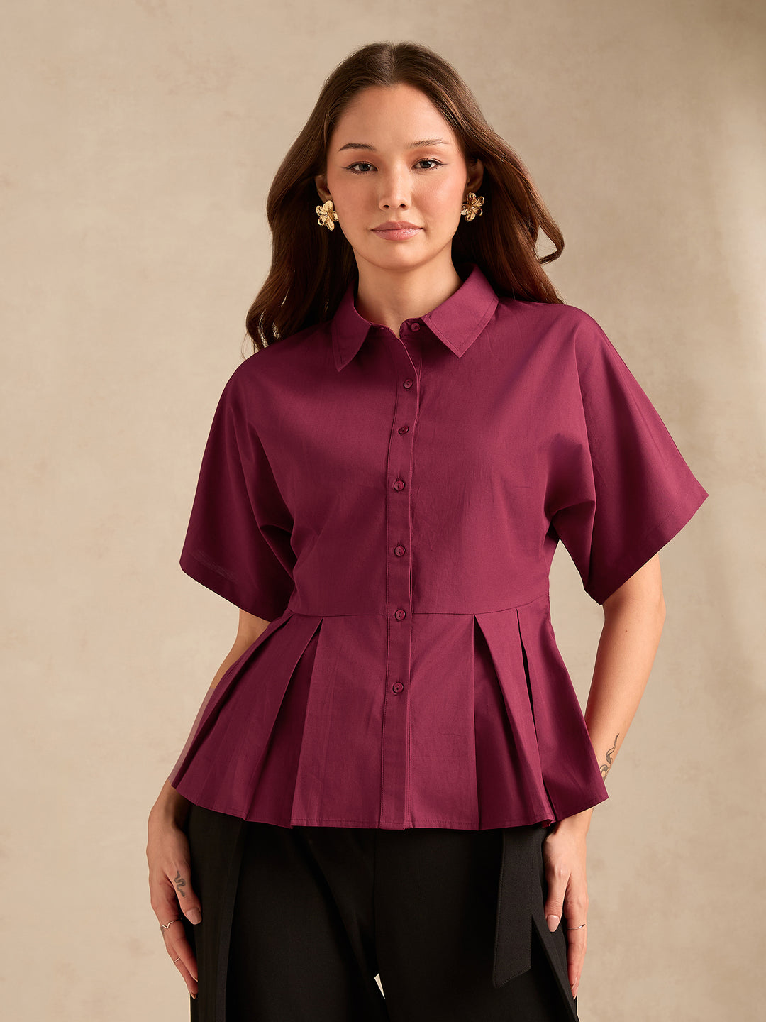 Wine Cinched Waist Utility Blouse