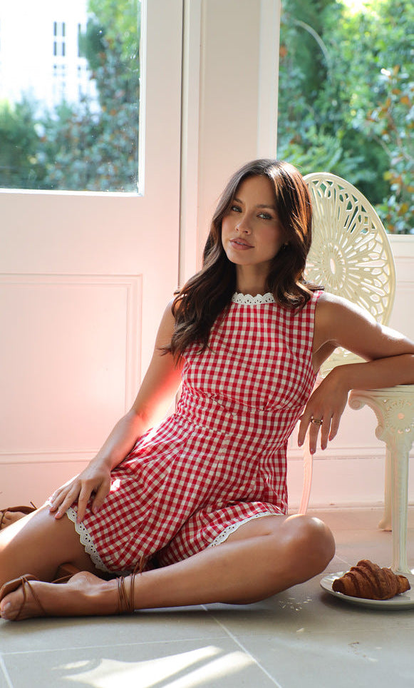 Red Checkered High Neck Mini Dress