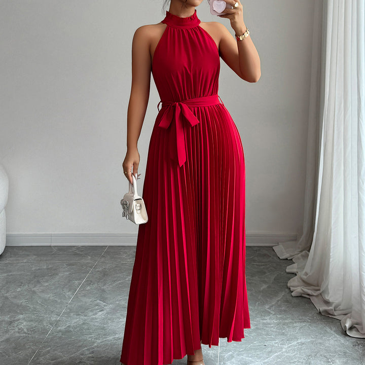 Red Halter Neck Pleated Textured Dress