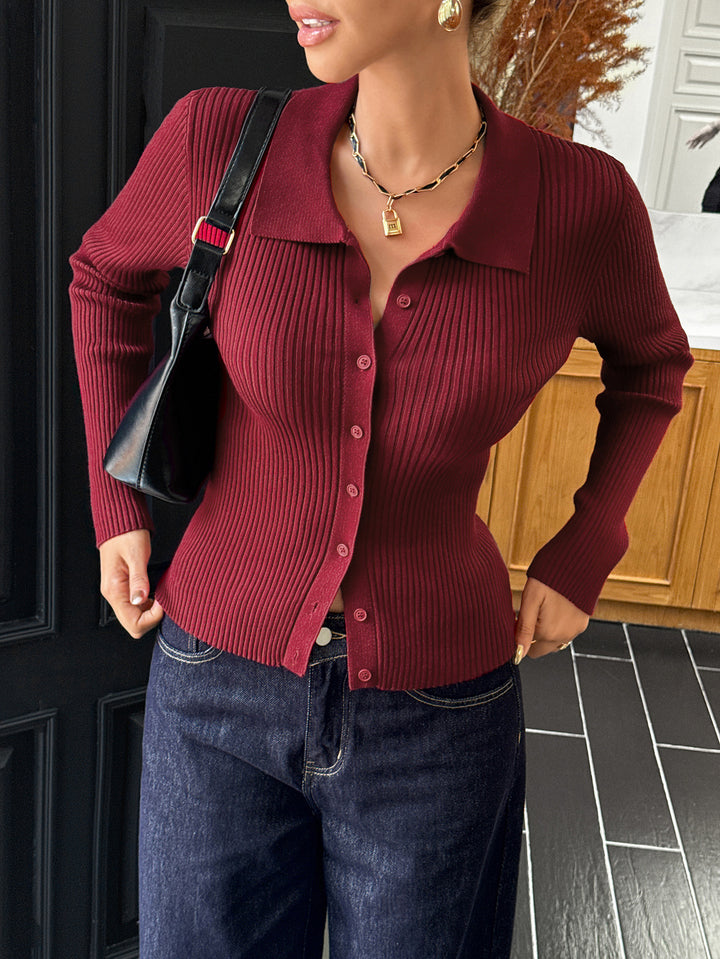 Maroon Full Sleeve Collared Neck Front Buttoned Top