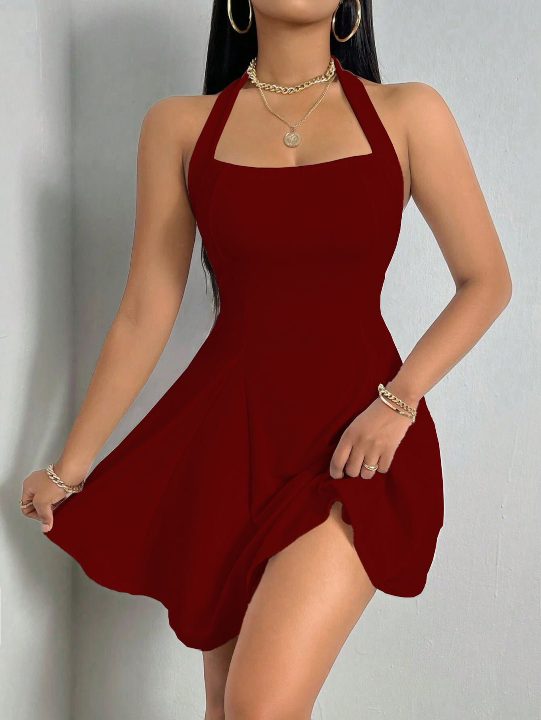Wine Halter Neck Fitted Dress