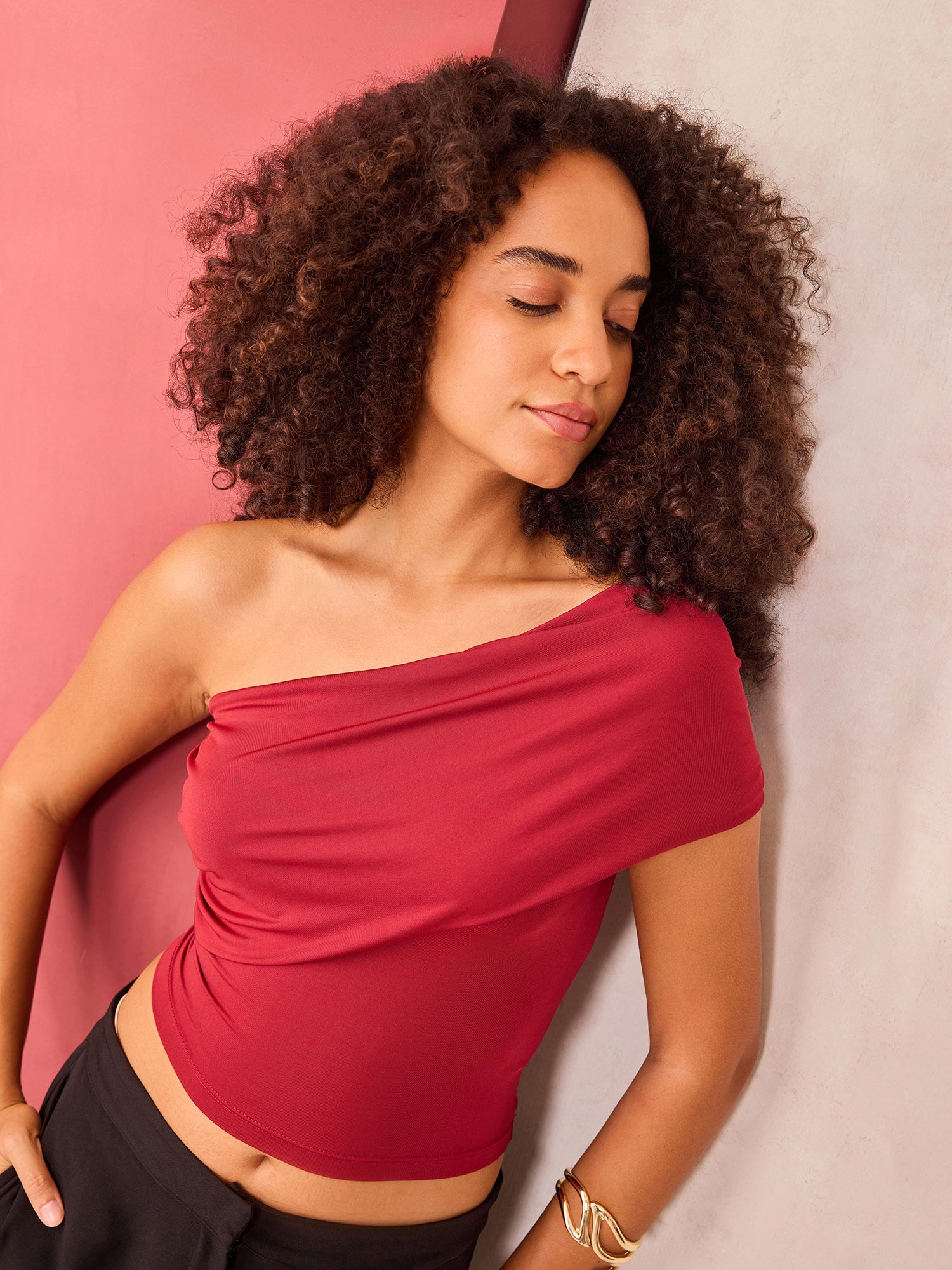 Red Textured One Shoulder Knit Top