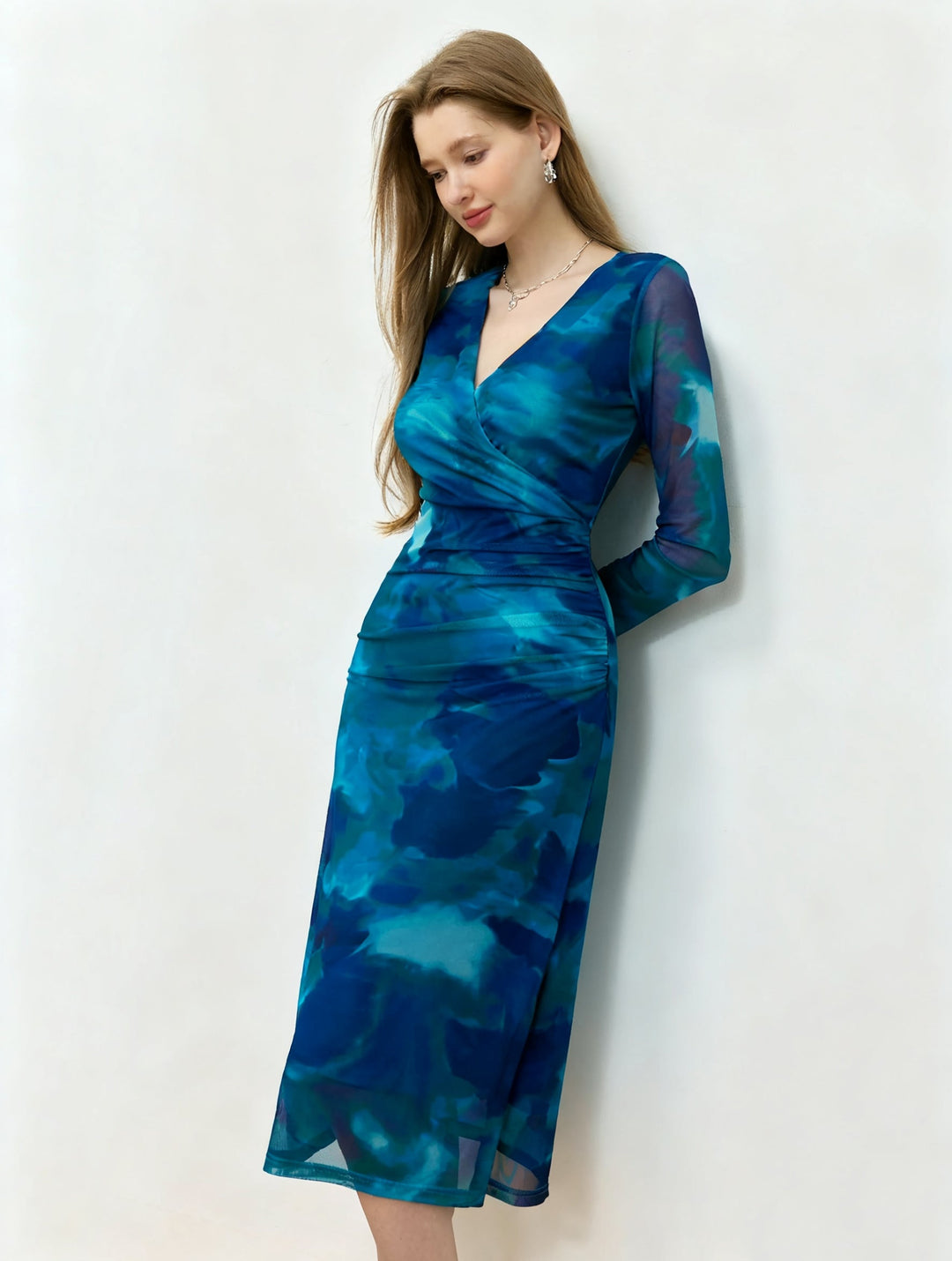 Blue Full Sleeve V Neck Dress